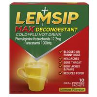 Lemsip Max with Decongestant Lemon 10pk Cold and Flu Hot Drink