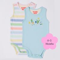 Bambi Mini Co. Supersinglet Bodysuit 0-3 Months Crystal Blue and Stripes 2 Pack