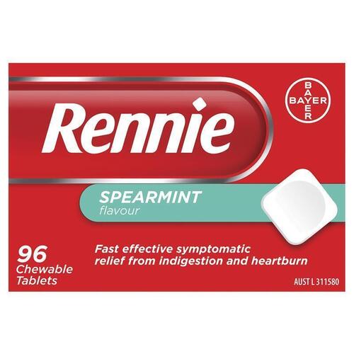 Rennie Indigestion and Heartburn Relief Spearmint 96 Chewable Tablets