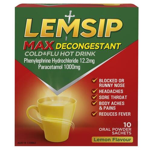 Lemsip Max with Decongestant Lemon 10pk Cold and Flu Hot Drink