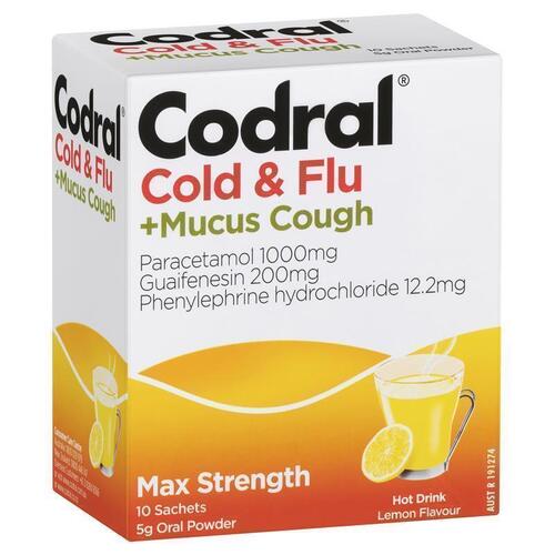 Codral Cold & Flu + Mucus Cough Max Strength Hot Drink Oral Powder Lemon 10 Pack