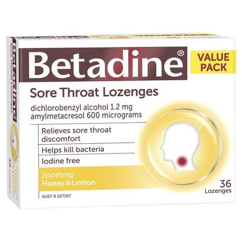 Betadine Sore Throat Lozenges Soothing Honey & Lemon Flavour 36 Pack