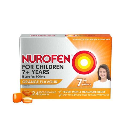 Nurofen For Children 7+ Pain and Fever Relief Chewable Capsules Orange