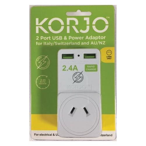 Korjo 2 Port USB and Power Adaptor Italy/Switzerland and AU/NZ