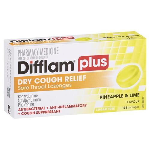 Difflam Plus Dry Cough Sore Throat Lozenges Pineapple & Lime Flavour 24