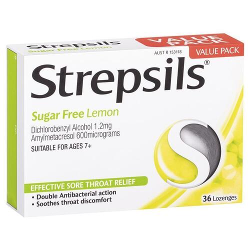 Strepsils Sore Throat Relief Sugar Free Lozenges Lemon 36 pack