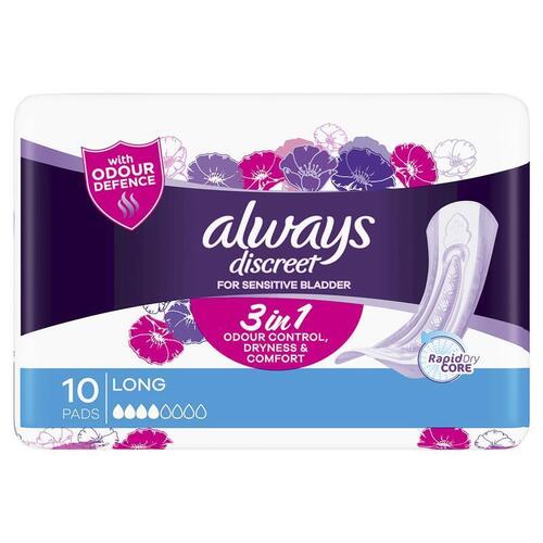 Always Discreet Pad Level 4 Long 10 Pack for Bladder Leaks