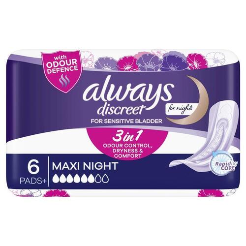 Always Discreet Pad Level 6 Maxi Night 6 Pack for Bladder Leaks