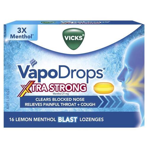 Vicks VapoDrops + Cough Xtra Strong Lemon Menthol Blast 16 Lozenges