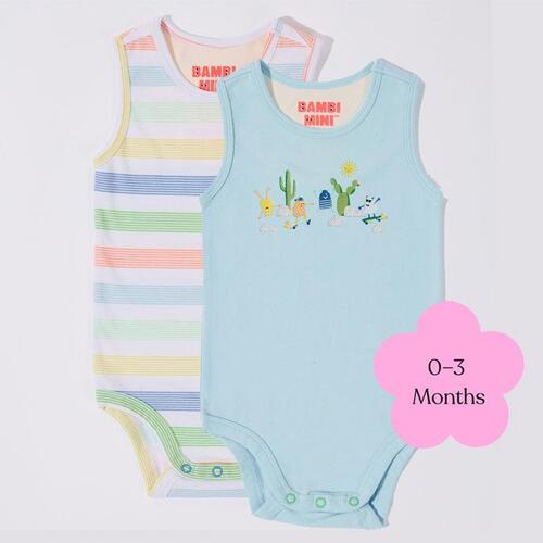 Bambi Mini Co. Supersinglet Bodysuit 0-3 Months Crystal Blue and Stripes 2 Pack