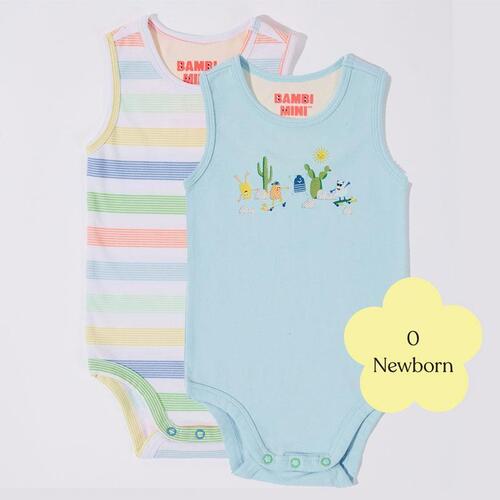 Bambi Mini Co. Supersinglet Bodysuit Newborn Crystal Blue and Stripes 2 Pk