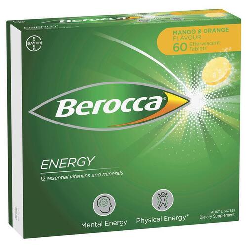 Berocca Energy Mango And Orange 60 Effervescent Tablets Exclusive Size