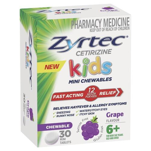 Zyrtec Kids Antihistamine Allergy & Hayfever Chewable Tablet Grape 30 Pack