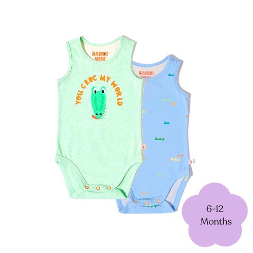 Bambi Mini Co. Supersinglet Bodysuit Boys Green Croc Triangles 6-12