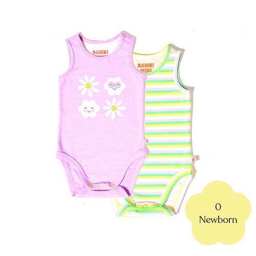 Bambi Mini Co. Supersinglet Bodysuit Girls Purple Flowers Candy Stripe