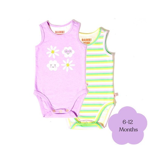 Bambi Mini Co. Supersinglet Bodysuit Girls Purple Flowers Candy Stripe  6-12