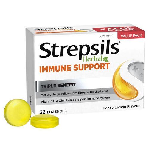 Strepsils Herbal Immune Support Lozenges Honey Lemon 32 Pack