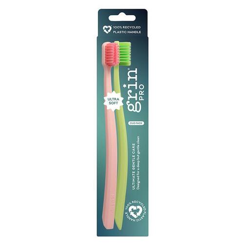 Grin Recycled Toothbrush GentleCare Green & Pink Ultra Soft 2 Pack