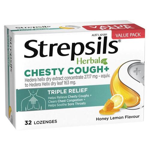 Strepsils Herbal Chesty Cough+ Lozenges Honey Lemon 32 Pack